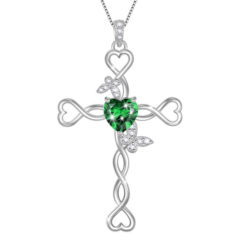 Beautlace 925 Sterling Silver Cross May Emerald Heart Birthstone Necklace,Butterfly Pendant Necklace Jewelry Birthday Christmas Gifts for Women/ Wife /Lover