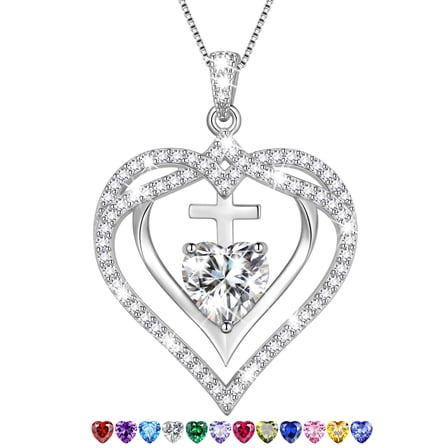 Beautlace 925 Sterling Silver Cross Necklace,April Birthstone Heart Pendant Necklace Jewelry Birthday Christmas Anniverry Mothers Day Gifts for Women Mom