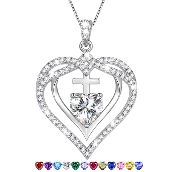 Beautlace 925 Sterling Silver Cross Necklace,April Birthstone Heart Pendant Necklace Jewelry Birthday Christmas Anniverry Mothers Day Gifts for Women Mom