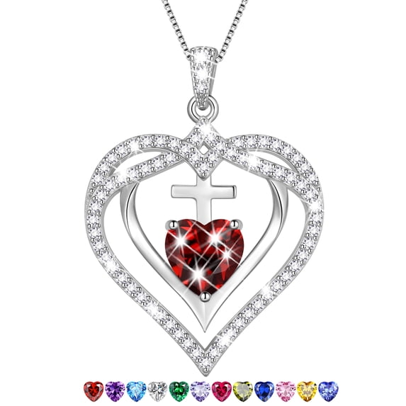 Beautlace 925 Sterling Silver Cross Necklace,January Birthstone Heart Pendant Necklace Jewelry Birthday Christmas Anniverry Gifts for Women Mom