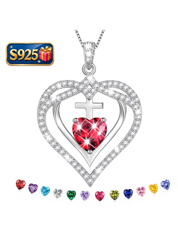 925 Sterling Silver Cross Necklace,July Birthstone Heart Pendant Necklace Jewelry Birthday Christmas Valentines Gifts for Women Mom