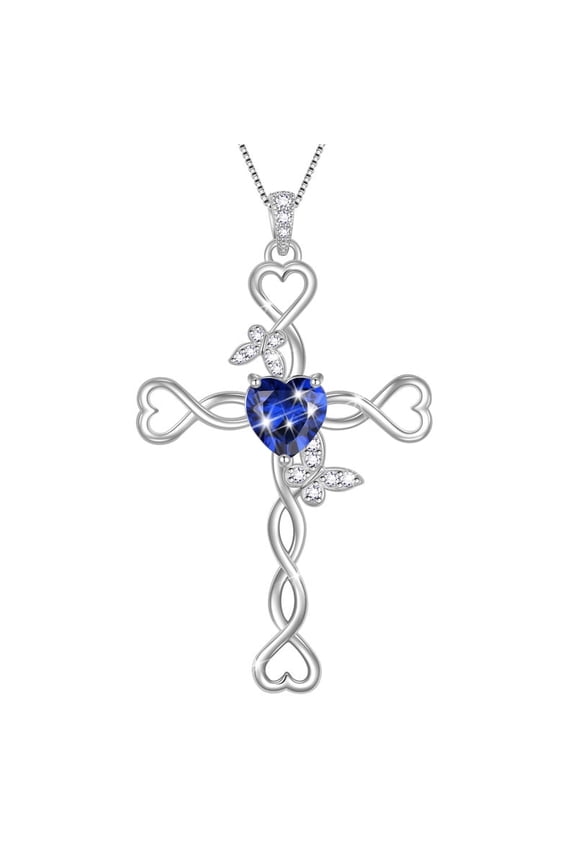 925 Sterling Silver Cross September Sapphire Heart Birthstone Necklace,Butterfly Pendant Necklace Jewelry Birthday Christmas Gifts for Women/ Wife /Lover
