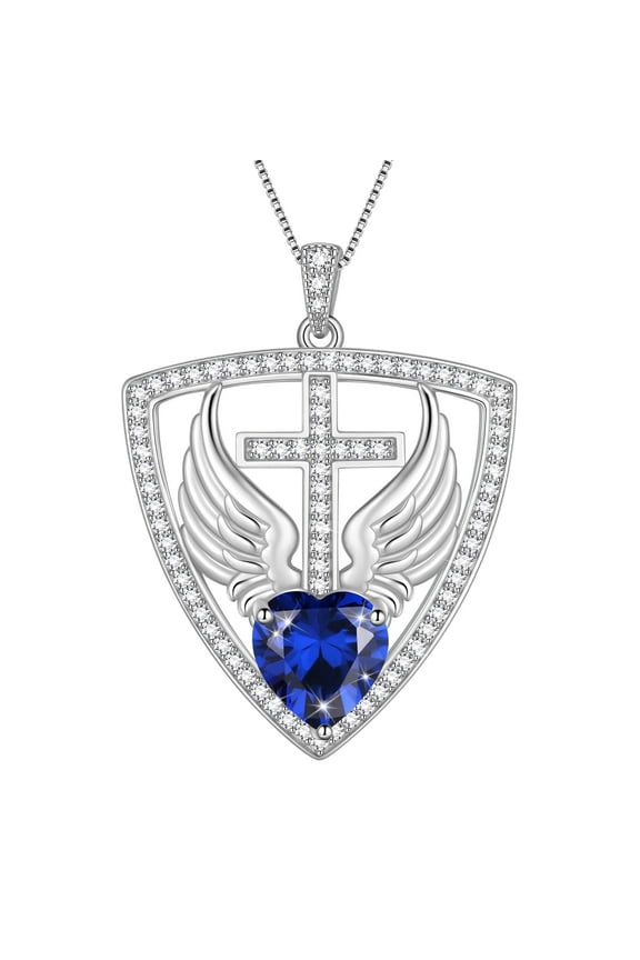 925 Sterling Silver Cross Shield Necklace with Wings and Blue Heart September Sapphire Birthstone Pendant Necklace Faith and Guardian Jewelry Birthday Christmas Valentines Gifts for Women