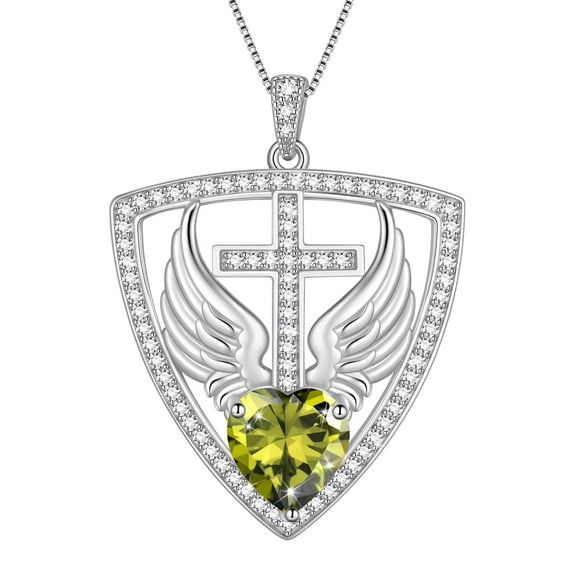 Beautlace 925 Sterling Silver Cross Shield Necklace with Wings and Heart August Peridot Birthstone Pendant Necklace Faith and Guardian Jewelry Birthday Christmas Valentines Gifts for Women Mom