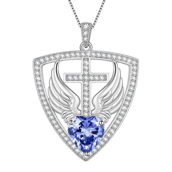 Beautlace 925 Sterling Silver Cross Shield Necklace with Wings and Heart December Tanzanite Birthstone Pendant Necklace Faith and Guardian Jewelry Birthday Christmas Valentines Gifts for Women Mom