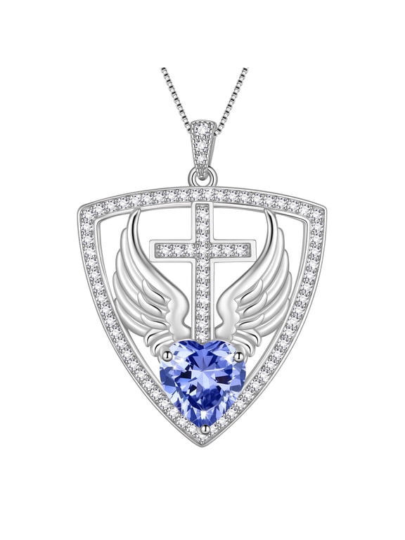 925 Sterling Silver Cross Shield Necklace with Wings and Heart December Tanzanite Birthstone Pendant Necklace Faith and Guardian Jewelry Birthday Christmas Valentines Gifts for Women Mom