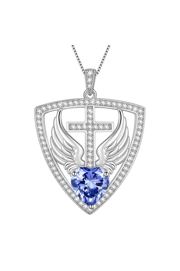 925 Sterling Silver Cross Shield Necklace with Wings and Heart December Tanzanite Birthstone Pendant Necklace Faith and Guardian Jewelry Birthday Christmas Valentines Gifts for Women Mom