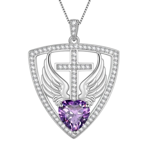 Beautlace 925 Sterling Silver Cross Shield Necklace with Wings and Heart February Amethyst Birthstone Pendant Necklace Faith and Guardian Jewelry Birthday Christmas Valentines Gifts for Women