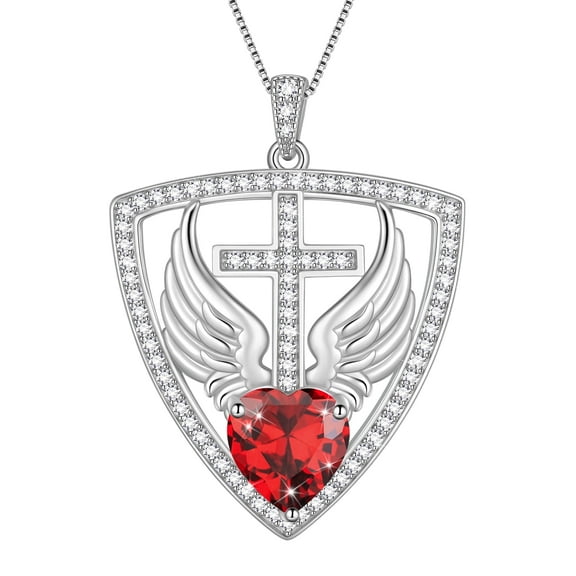 Beautlace 925 Sterling Silver Cross Shield Necklace with Wings and Heart January Garnet Birthstone Pendant Necklace Faith and Guardian Jewelry Birthday Christmas Valentines Gifts for Women Mom