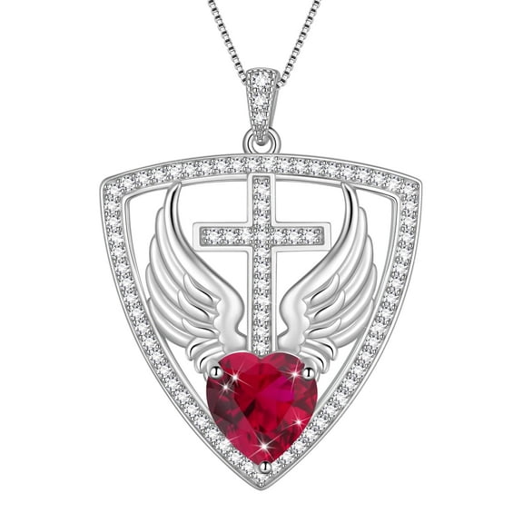 Beautlace 925 Sterling Silver Cross Shield Necklace with Wings and Heart July Ruby Birthstone Pendant Necklace Faith and Guardian Jewelry Birthday Christmas Valentines Gifts for Women Mom