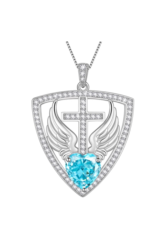 925 Sterling Silver Cross Shield Necklace with Wings and Heart March Aquamarine Birthstone Pendant Necklace Faith and Guardian Jewelry Birthday Christmas Valentines Gifts for Women Mom