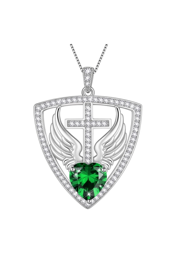 925 Sterling Silver Cross Shield Necklace with Wings and Heart May Emerald Birthstone Pendant Necklace Faith and Guardian Jewelry Birthday Christmas Valentines Gifts for Women Mom