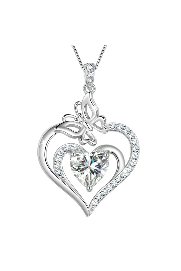 925 Sterling Silver Heart April Simulated Diamond Birthstone Necklace,Butterfly Pendant Necklace Cute Animal Jewelry Birthday Christmas Valentines Gifts for Women