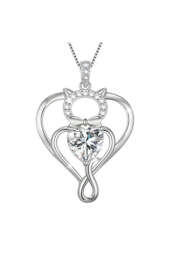 925 Sterling Silver Heart April Simulated Diamond Birthstone Necklace,Cat Pendant Necklace Cute Animal Jewelry Birthday Christmas Valentines Gifts for Women
