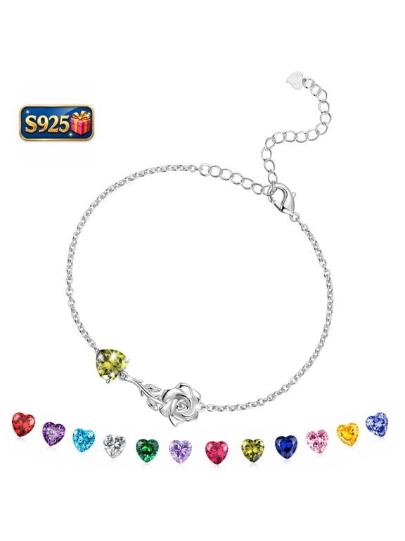 925 Sterling Silver Heart Birthstone Bracelet,Rose Flower Heart Charm Bracelet Adjustable Link Chain Jewelry Gifts for Women Mom Girls-August