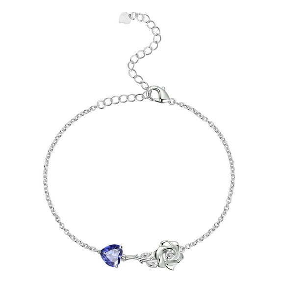 Beautlace 925 Sterling Silver Heart Birthstone Bracelet,Rose Flower Heart Charm Bracelet Adjustable Link Chain Jewelry Gifts for Women Mom Girls-December