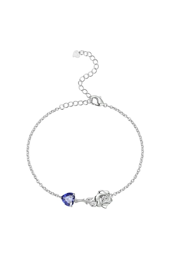 925 Sterling Silver Heart Birthstone Bracelet,Rose Flower Heart Charm Bracelet Adjustable Link Chain Jewelry Gifts for Women Mom Girls-December