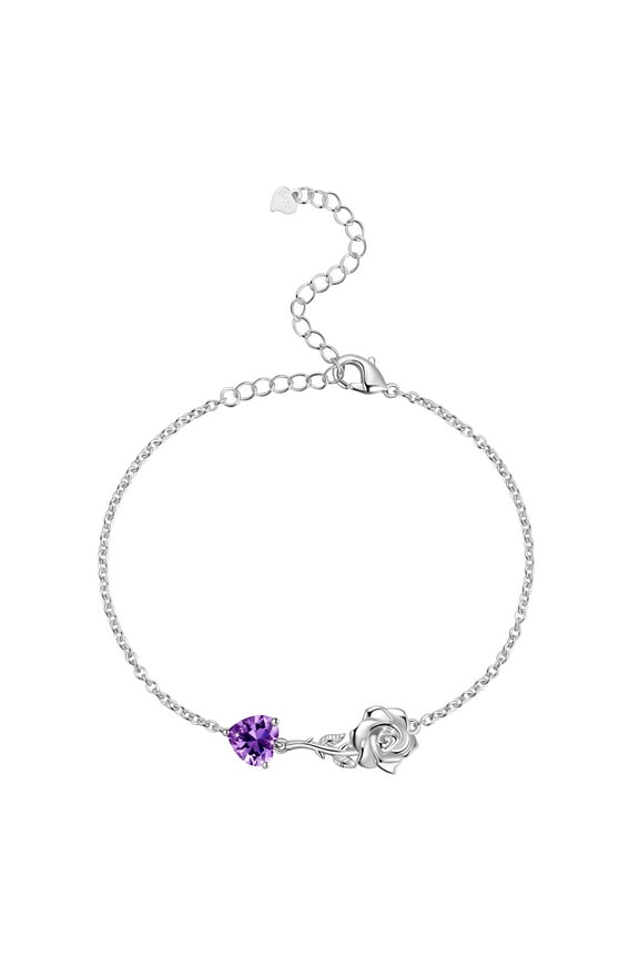 925 Sterling Silver Heart Birthstone Bracelet,Rose Flower Heart Charm Bracelet Adjustable Link Chain Jewelry Gifts for Women Mom Girls-February
