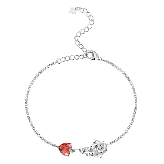 Beautlace 925 Sterling Silver Heart Birthstone Bracelet,Rose Flower Heart Charm Bracelet Adjustable Link Chain Jewelry Gifts for Women Mom Girls-January