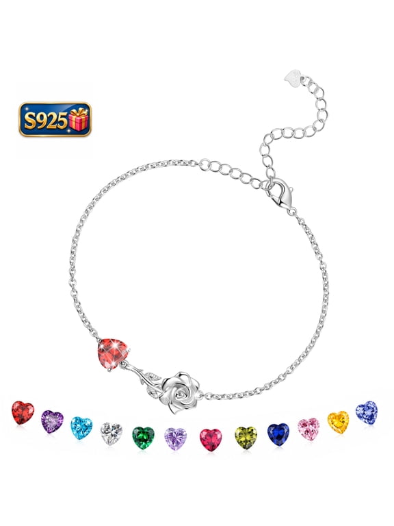 925 Sterling Silver Heart Birthstone Bracelet,Rose Flower Heart Charm Bracelet Adjustable Link Chain Jewelry Gifts for Women Mom Girls-January