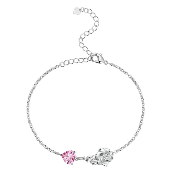 Beautlace 925 Sterling Silver Heart Birthstone Bracelet,Rose Flower Heart Charm Bracelet Adjustable Link Chain Jewelry Gifts for Women Mom Girls-October