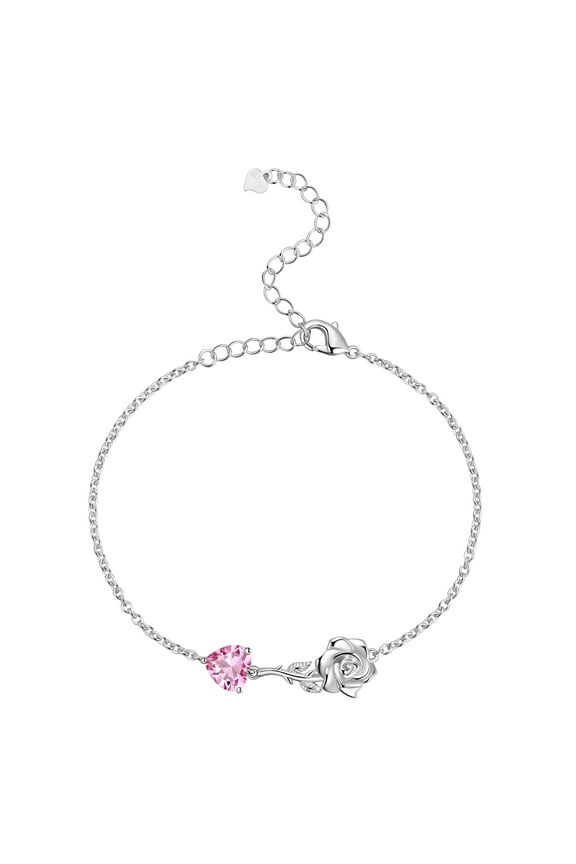 925 Sterling Silver Heart Birthstone Bracelet,Rose Flower Heart Charm Bracelet Adjustable Link Chain Jewelry Gifts for Women Mom Girls-October
