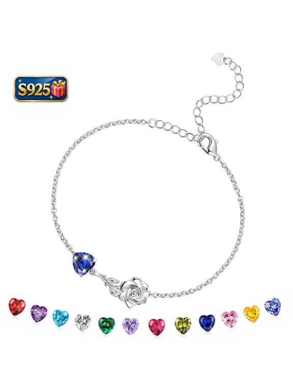 925 Sterling Silver Heart Birthstone Bracelet,Rose Flower Heart Charm Bracelet Adjustable Link Chain Jewelry Gifts for Women Mom Girls-September