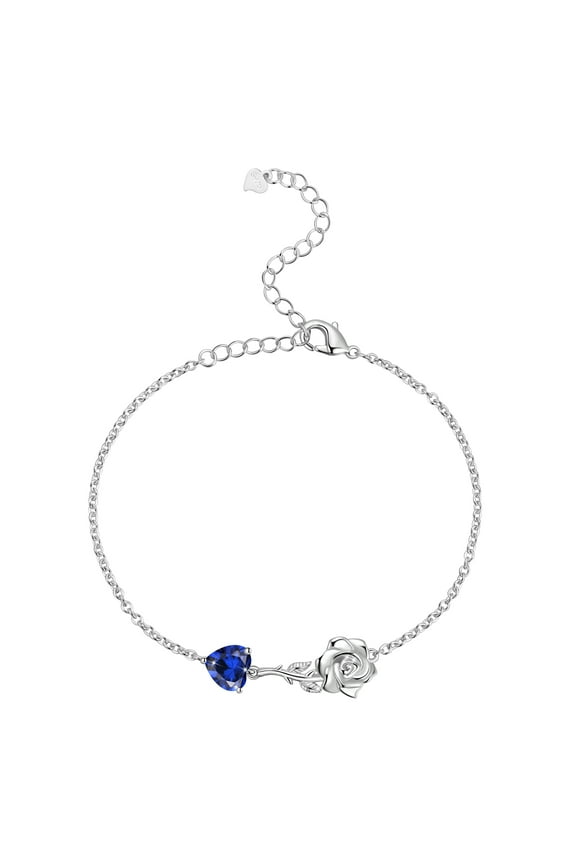 925 Sterling Silver Heart Birthstone Bracelet,Rose Flower Heart Charm Bracelet Adjustable Link Chain Jewelry Gifts for Women Mom Girls-September