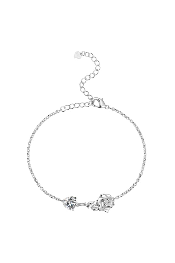 925 Sterling Silver Heart Birthstone Bracelet,Rose Flower Heart Charm Bracelet Adjustable Link Chain Jewelry Gifts for Women Mom-April