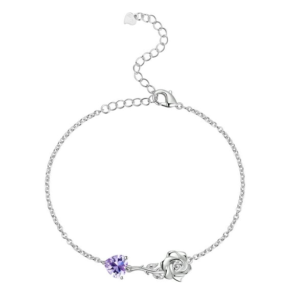 Beautlace 925 Sterling Silver Heart Birthstone Bracelet,Rose Flower Heart Charm Bracelet Adjustable Link Chain Jewelry Gifts for Women Mom Girls-June