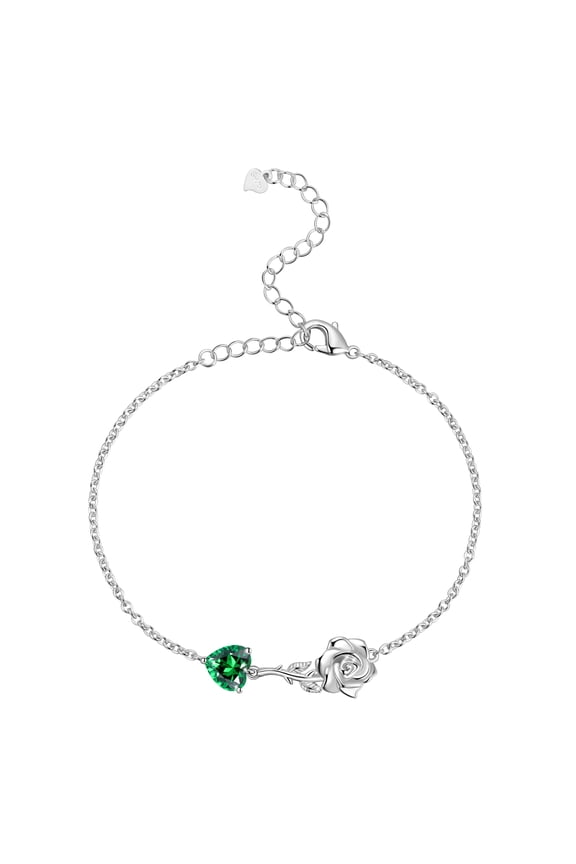 925 Sterling Silver Heart Birthstone Bracelet,Rose Flower Heart Charm Bracelet Adjustable Link Chain Jewelry Gifts for Women Mom Girls-May