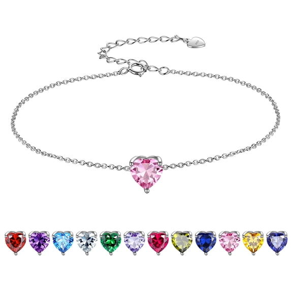 Beautlace 925 Sterling Silver Heart Charm Bracelet,Adjustable Birthstone Bracelet for Women,7.5" + 2" Extender