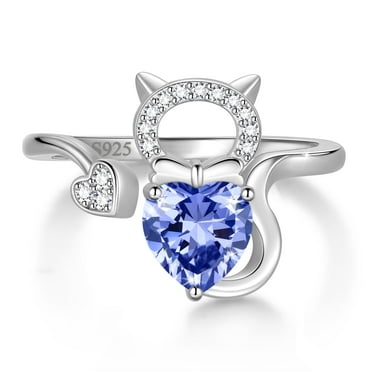 Beautlace 925 Sterling Silver Heart December Birthstone Ring, Cute Cat Animal Adjustable Open Rings Birthday Christmas Valentines Jewelry Gifts for Women