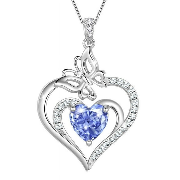 Beautlace 925 Sterling Silver Heart December Tanzanite Birthstone Necklace,Butterfly Pendant Necklace Cute Animal Jewelry Birthday Christmas Valentines Gifts for Women