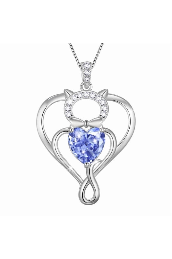 925 Sterling Silver Heart December Tanzanite Birthstone Necklace,Cat Pendant Necklace Cute Animal Jewelry Birthday Christmas Valentines Gifts for Women