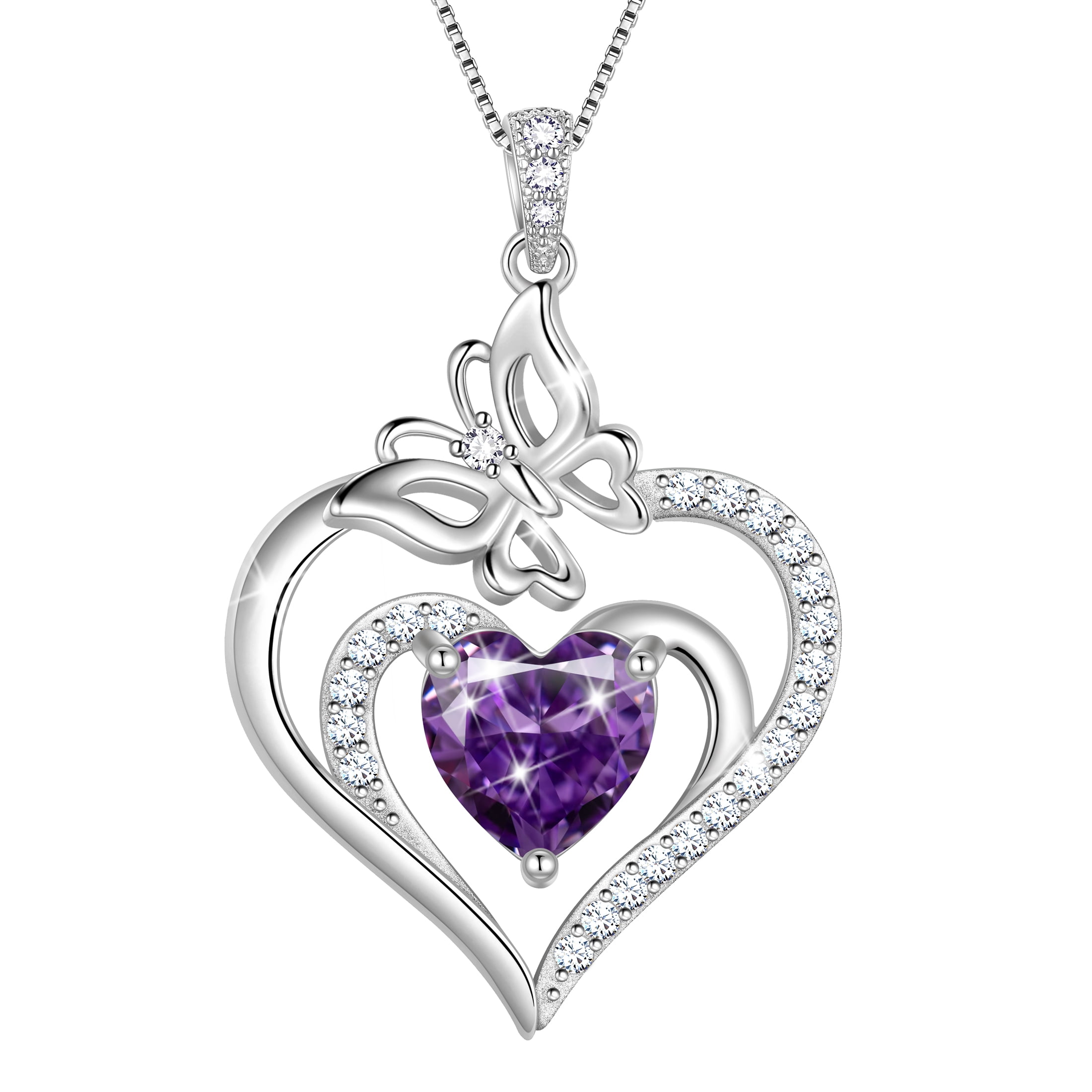 Beautlace 925 Sterling Silver Heart February Amethyst Birthstone Necklace,Butterfly Pendant Necklace Cute Animal Jewelry Birthday Christmas Valentines Gifts for Women