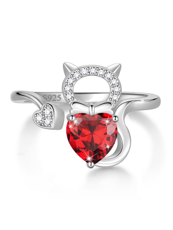 925 Sterling Silver Heart January Birthstone Ring, Cute Cat Animal Adjustable Open Rings Birthday Christmas Valentines Jewelry Gifts for Women