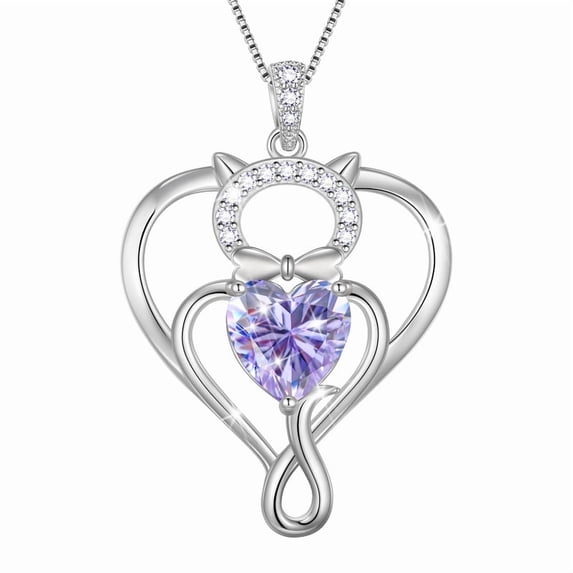 Beautlace 925 Sterling Silver Heart June Alexandrite Birthstone Necklace,Cat Pendant Necklace Cute Animal Jewelry Birthday Christmas Valentines Gifts for Women