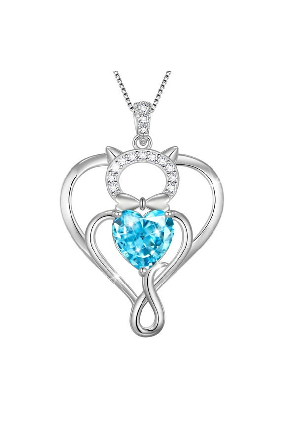925 Sterling Silver Heart March Aquamarine Birthstone Necklace,Cat Pendant Necklace Cute Animal Jewelry Birthday Christmas Valentines Gifts for Women