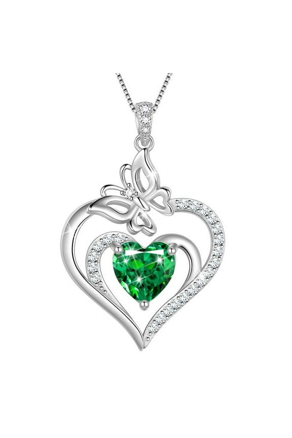 925 Sterling Silver Heart May Emerald Birthstone Necklace,Butterfly Pendant Necklace Cute Animal Jewelry Birthday Christmas Valentines Gifts for Women