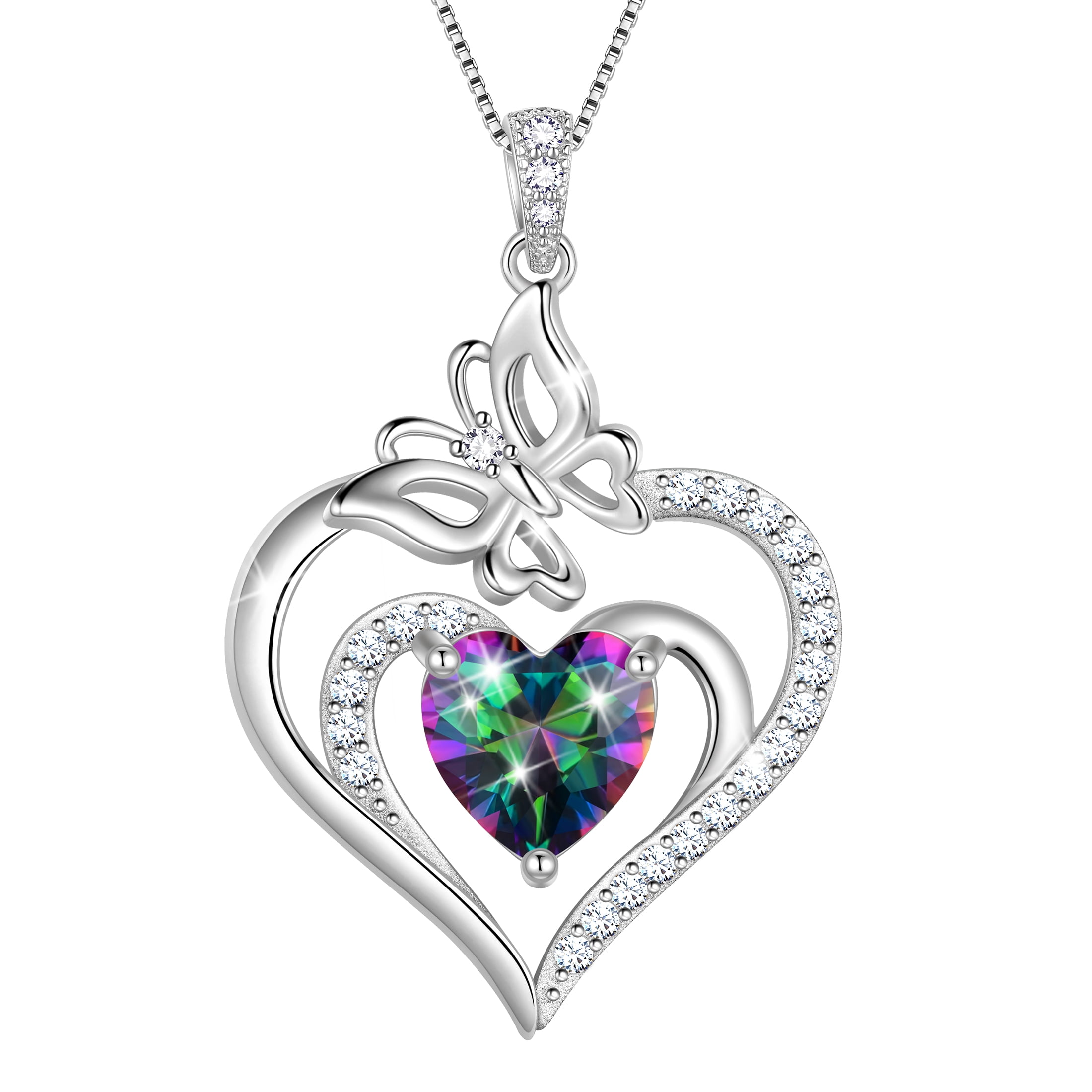 Beautlace 925 Sterling Silver Heart Multi Color Mystic Topaz Birthstone Necklace,Butterfly Pendant Necklace Cute Animal Jewelry Birthday Christmas Valentines Gifts for Women