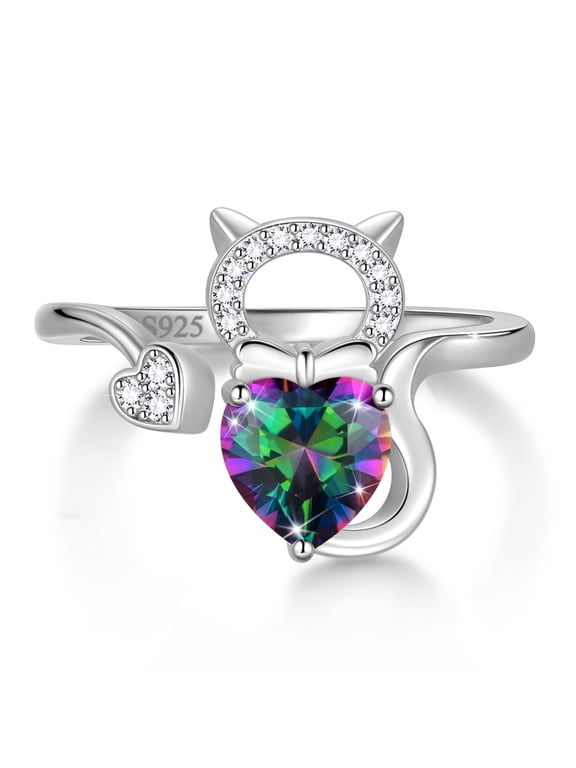 925 Sterling Silver Heart Mystic Topaz Birthstone Ring, Cute Cat Animal Adjustable Open Gemstone Rings Birthday Christmas Valentines Jewelry Gifts for Women