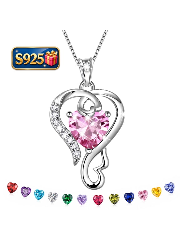 925 Sterling Silver Heart Necklace for Women,Love Heart October Pink Tourmaline Birthstone Pendant Jewelry Gift for Mom Wife Girlfriend, Anniversary Birthday Christmas Mother's Day Gift