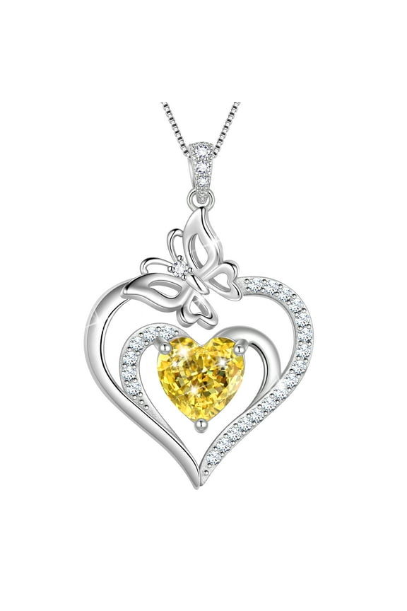 925 Sterling Silver Heart November Citrine Birthstone Necklace,Butterfly Pendant Necklace Cute Animal Jewelry Birthday Christmas Valentines Gifts for Women
