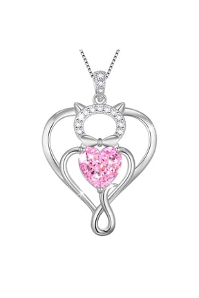 925 Sterling Silver Heart October Tourmaline Birthstone Necklace,Cat Pendant Necklace Cute Animal Jewelry Birthday Christmas Valentines Gifts for Women