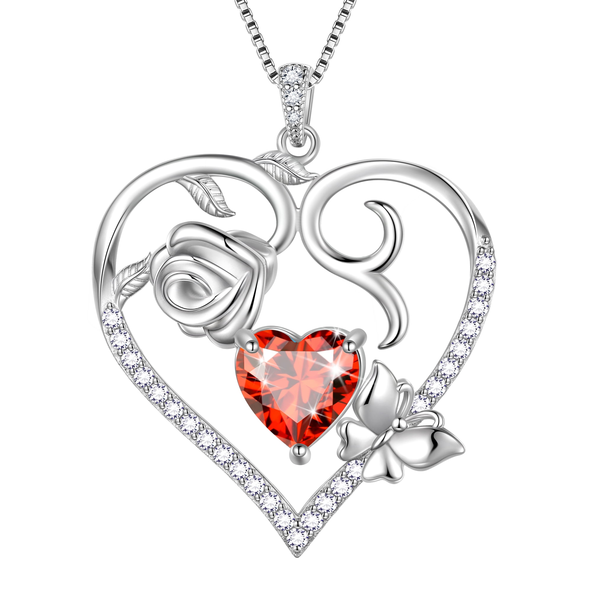Beautlace 925 Sterling Silver Heart Rose Necklace,Butterfly Flower Cute