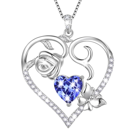 Beautlace 925 Sterling Silver Heart Rose Necklace,Butterfly Flower Cute Animal Pendant Necklace Jewelry Birthday Christmas Valentines Mother's Day Gifts for Women Mom -December