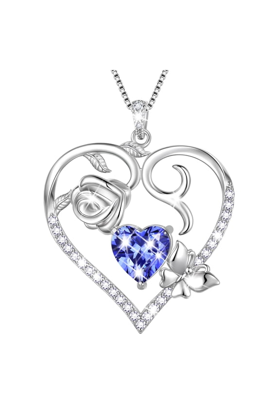 925 Sterling Silver Heart Rose Necklace,Butterfly Flower Cute Animal Pendant Necklace Jewelry Birthday Christmas Valentines Mother's Day Gifts for Women Mom -December