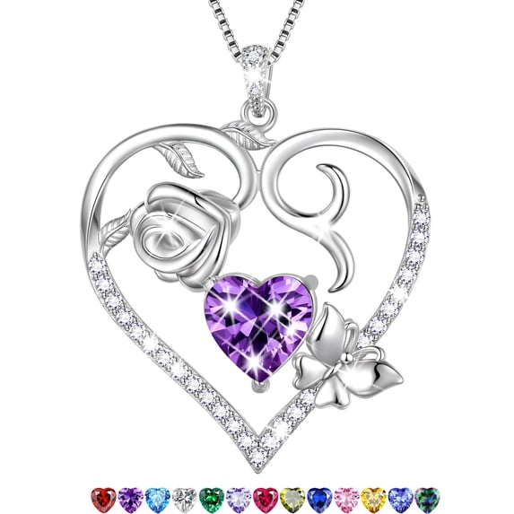 Beautlace 925 Sterling Silver Heart Rose Necklace,Butterfly Flower Cute Animal Pendant Necklace Jewelry Birthday Christmas Valentines Mother's Day Gifts for Women Mom -February