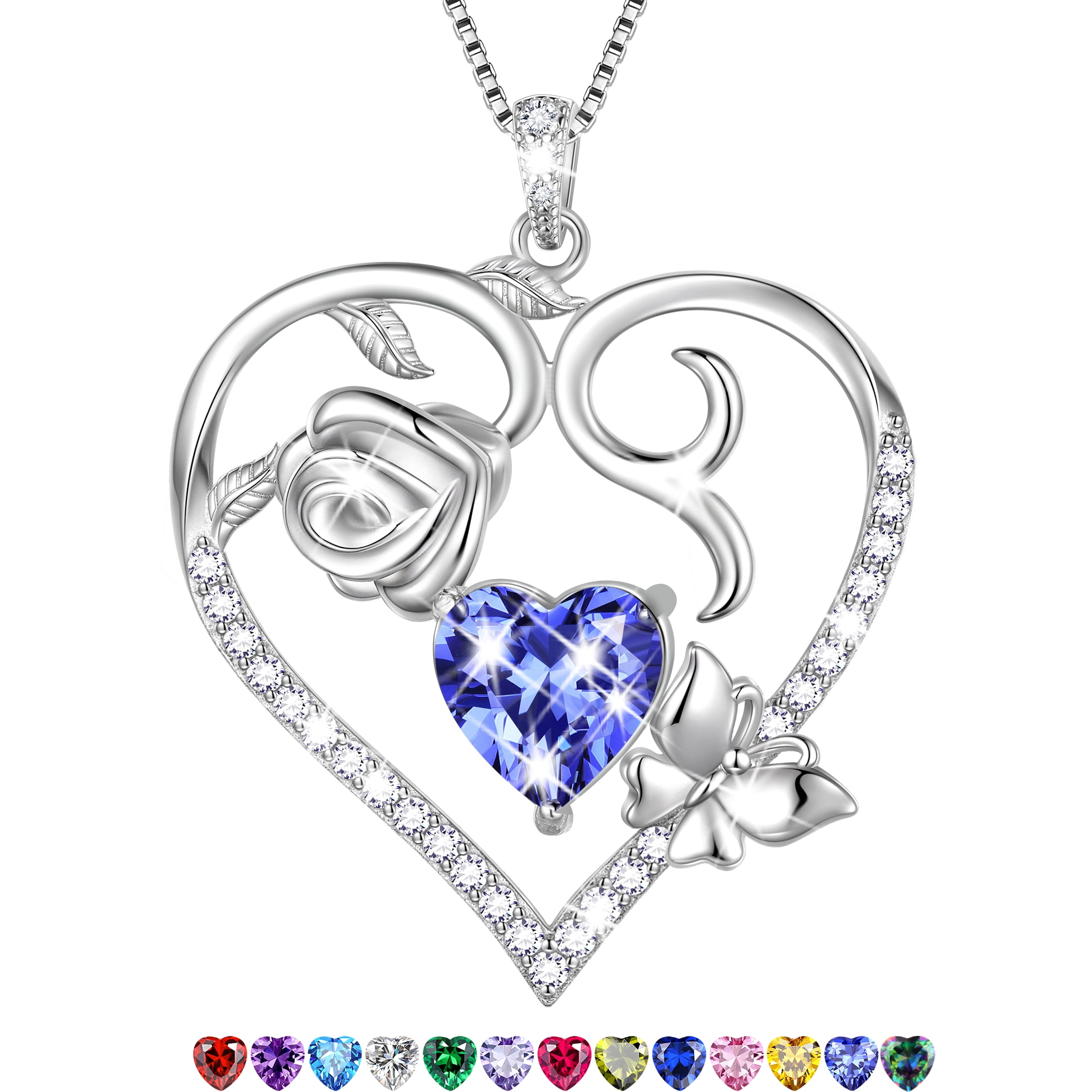 Beautlace 925 Sterling Silver Heart Rose Necklace,Butterfly Flower Cute Animal Pendant Necklace Jewelry Birthday Christmas Valentines Mother's Day Gifts for Women Mom -December